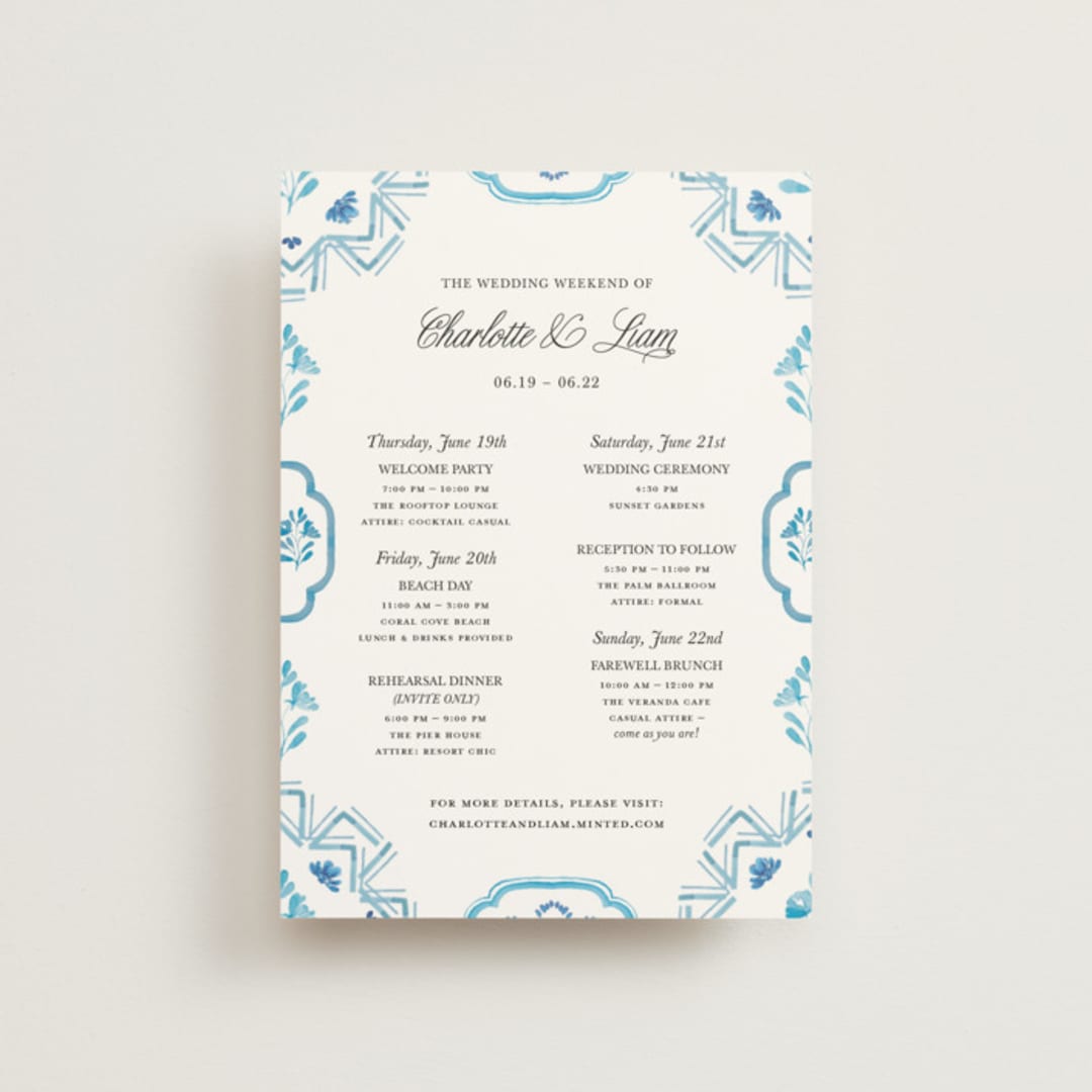 "Almafi" - Wedding Weekend Itinerary Cards in Cerulean by Itsy Belle Studio - Front