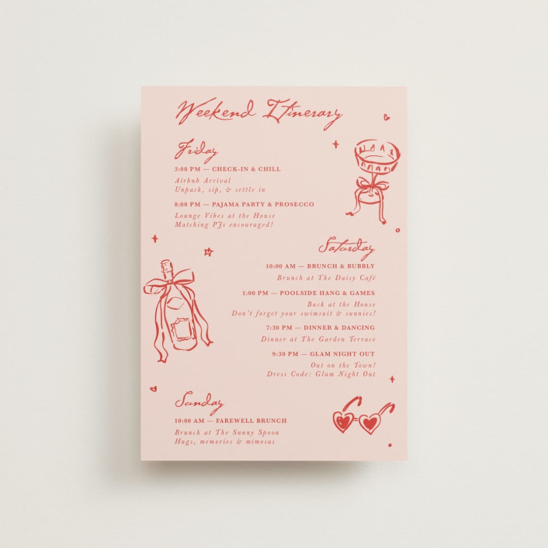 "Cheers to Love" - Wedding Weekend Itinerary Cards in Scarlet by Cass Loh - Front