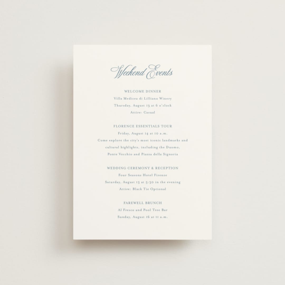 "Empire" - Wedding Weekend Itinerary Cards in Dusty Blue by Jennifer Postorino - Front