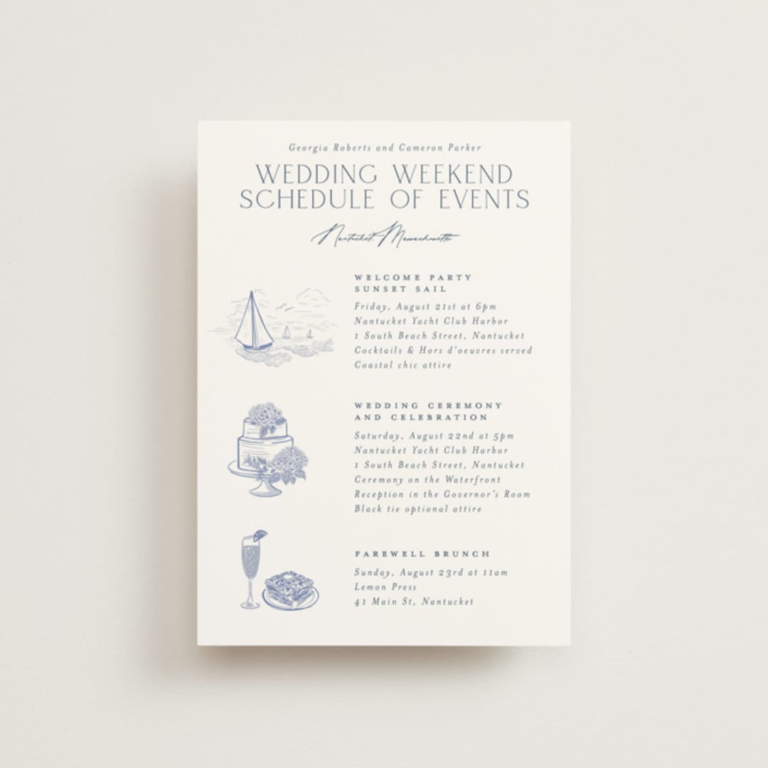 "Coastal Toile" - Wedding Weekend Itinerary Cards in Periwinkle by Jenna Holcomb - Front