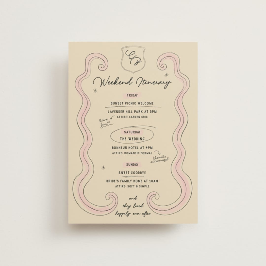 "Modern Fairy Tale" - Wedding Weekend Itinerary Cards in Rose by Helena Vitto - Front