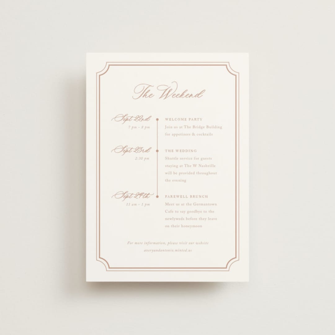 "Avery" - Wedding Weekend Itinerary Cards in Dusty Pink by Jennifer Postorino - Front