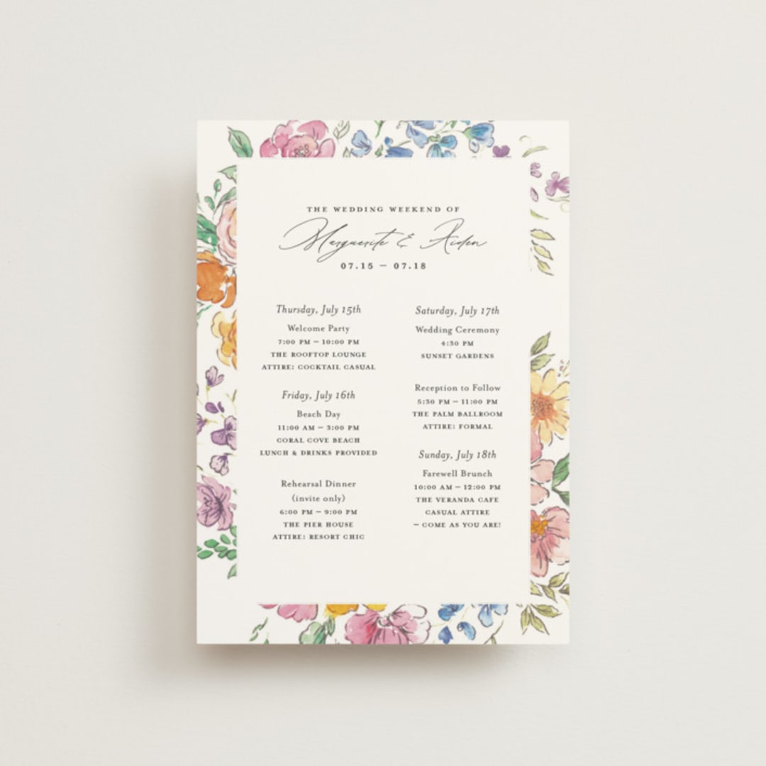 "Floral Pop" - Wedding Weekend Itinerary Cards in Tropical by Itsy Belle Studio - Front