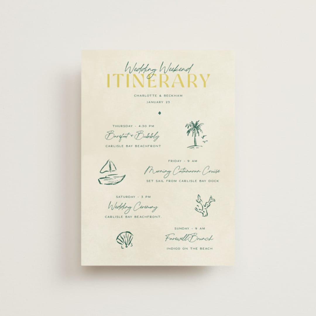"Coastal Drift" - Wedding Weekend Itinerary Cards in Caribbean Citrus by Pixel and Hank - Front