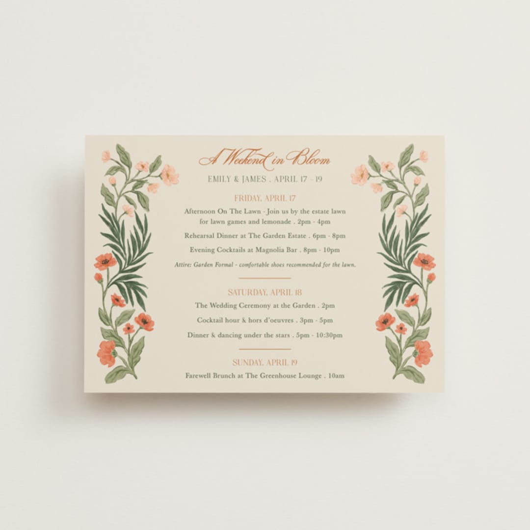 "Garden Heirloom" - Wedding Weekend Itinerary Cards in Garden by Elly - Front