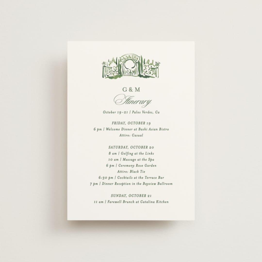 "gates and pillars" - Wedding Weekend Itinerary Cards in Sap by Becky Nimoy - Front