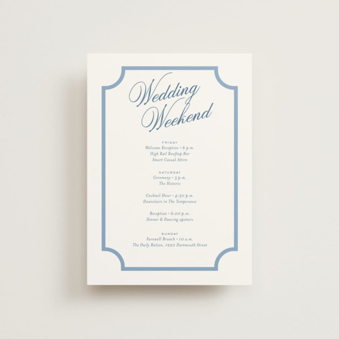 "Marenza" - Wedding Weekend Itinerary Cards in Bluebell by Jessica Williams - Front