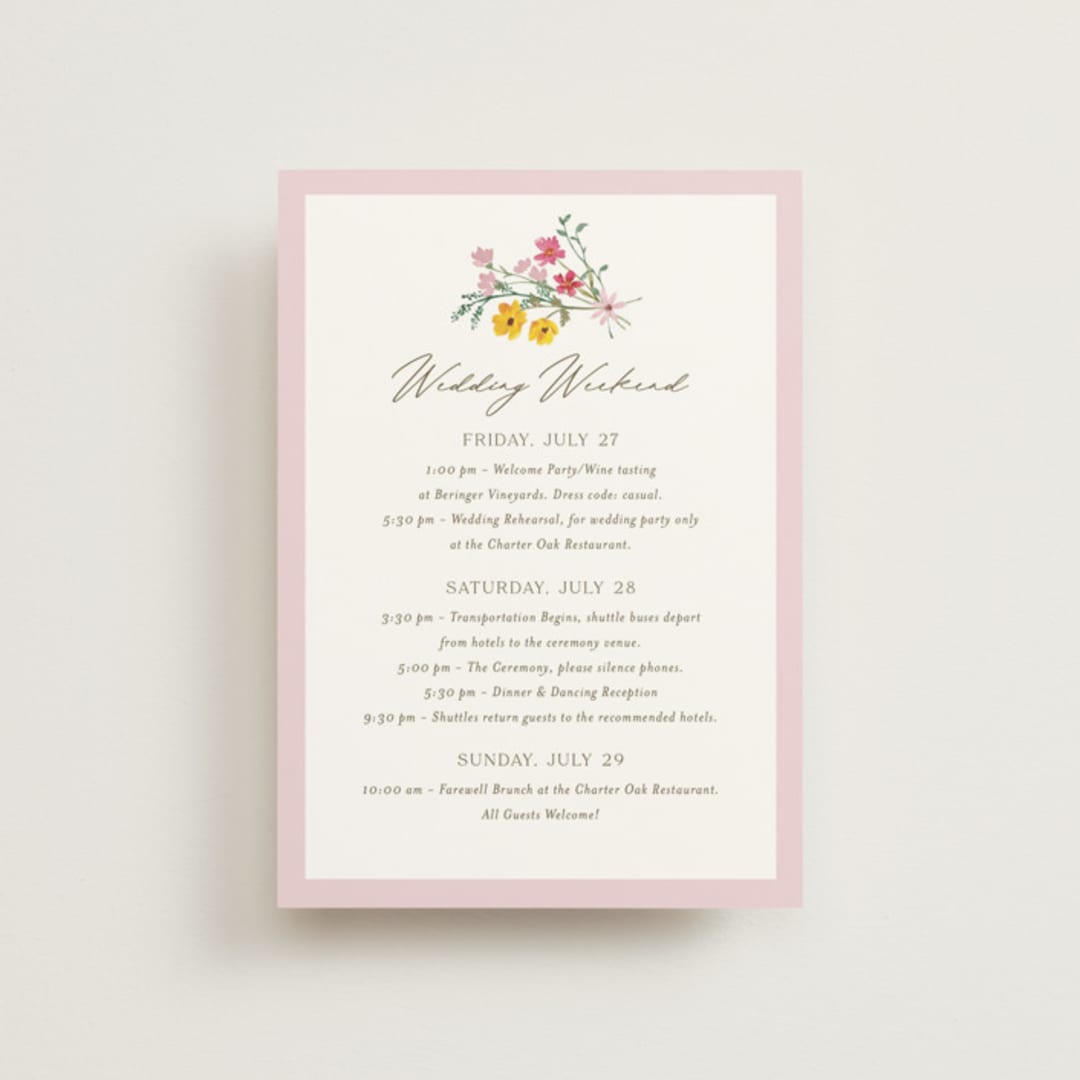 "Wildflower Wreath" - Wedding Weekend Itinerary Cards in Peony by Yaling Hou Suzuki - Front