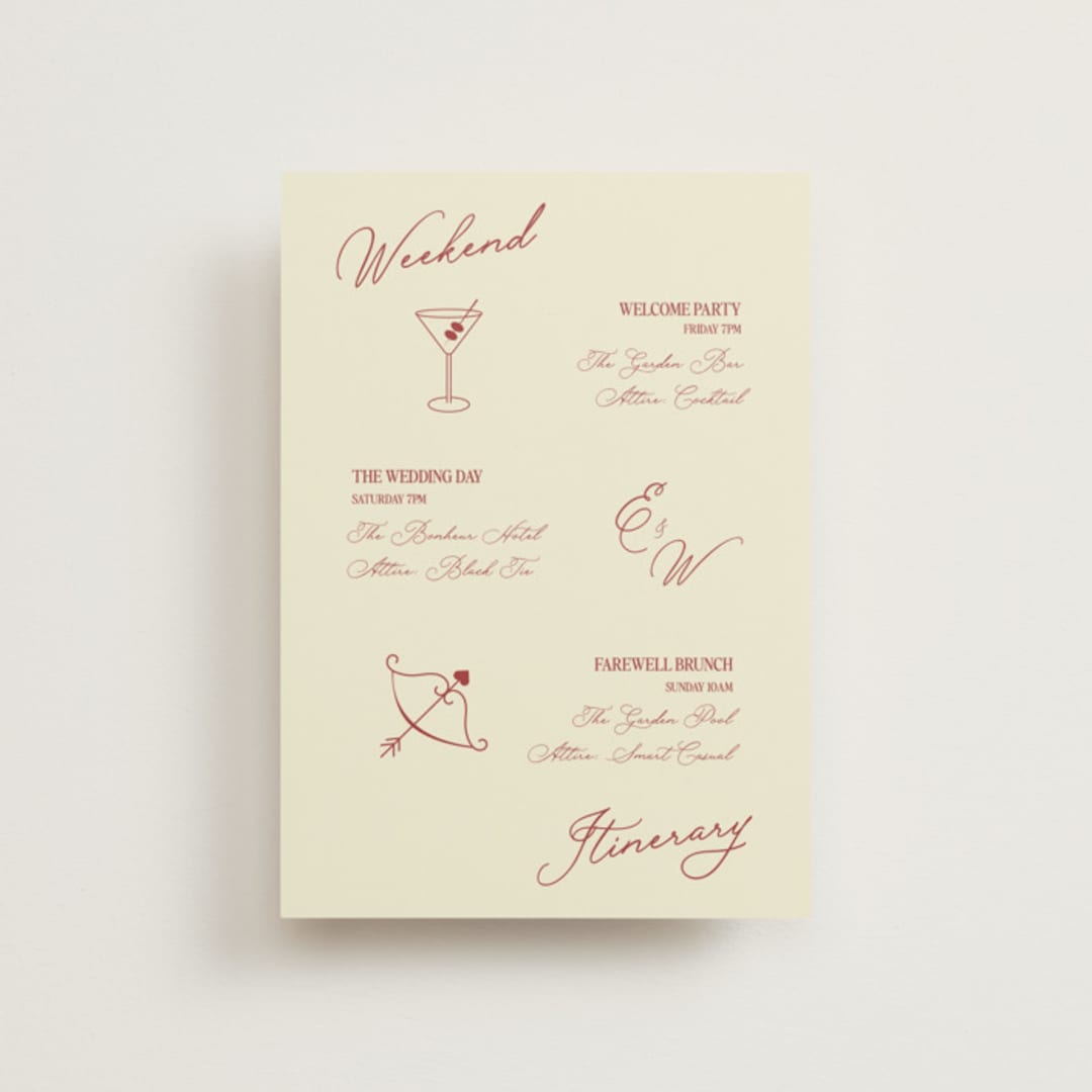 "Elizabeth" - Wedding Weekend Itinerary Cards in Burgundy by Helena Vitto - Front