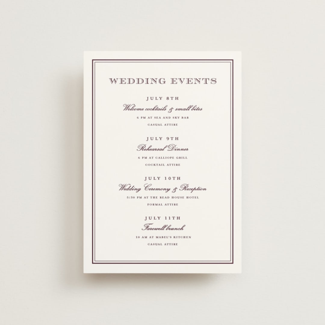 "Engraved names" - Wedding Weekend Itinerary Cards in Burgundy by Stacey Meacham - Front