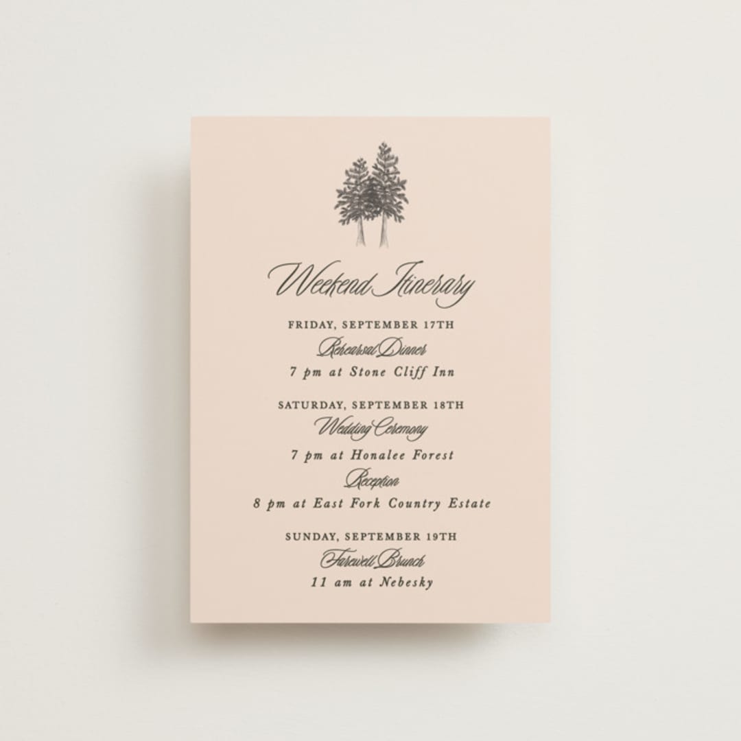 "Arboretum" - Wedding Weekend Itinerary Cards in Almond by Morgan Kendall - Front