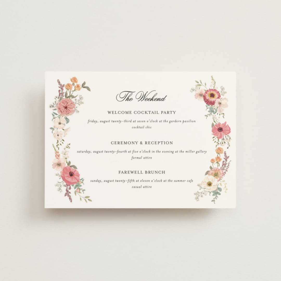 "Cherished" - Wedding Weekend Itinerary Cards in Sunset by Susan Moyal - Front