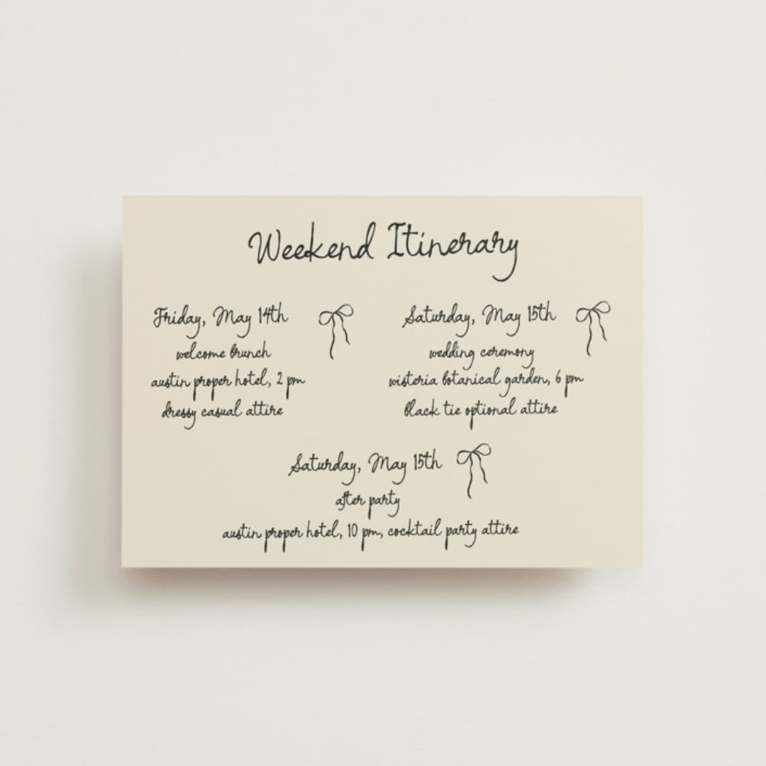 "Inkwoven" - Wedding Weekend Itinerary Cards in Tuxedo by Jelena Vuletic - Front