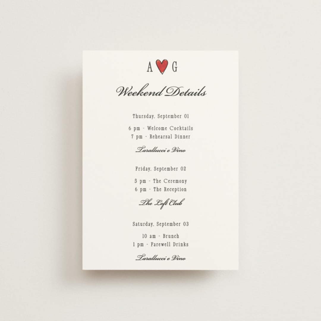 "Two Hearts" - Wedding Weekend Itinerary Cards in Lily by Pati Cascino - Front