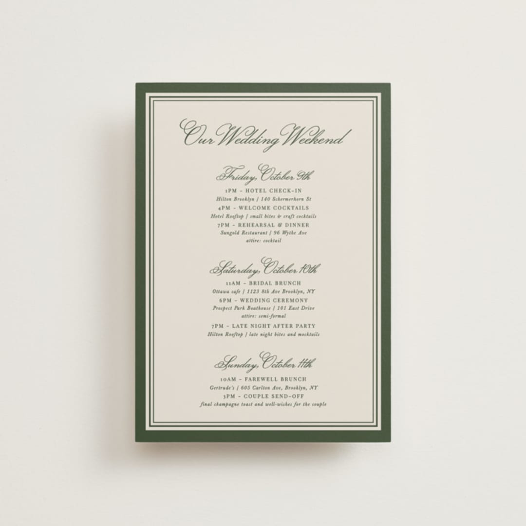 "Emerson" - Wedding Weekend Itinerary Cards in Evergreen by Kelly Watkins - Front