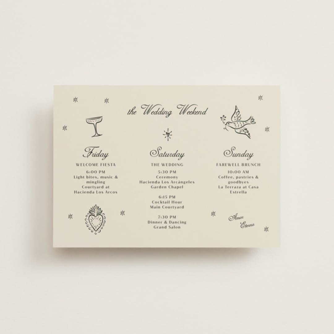 "Milagro" - Wedding Weekend Itinerary Cards in Ivory by Ani Somi - Front