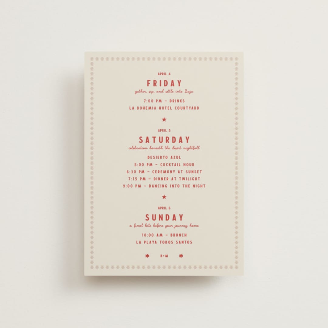 "Coyota" - Wedding Weekend Itinerary Cards in Sierra by Ani Somi - Front