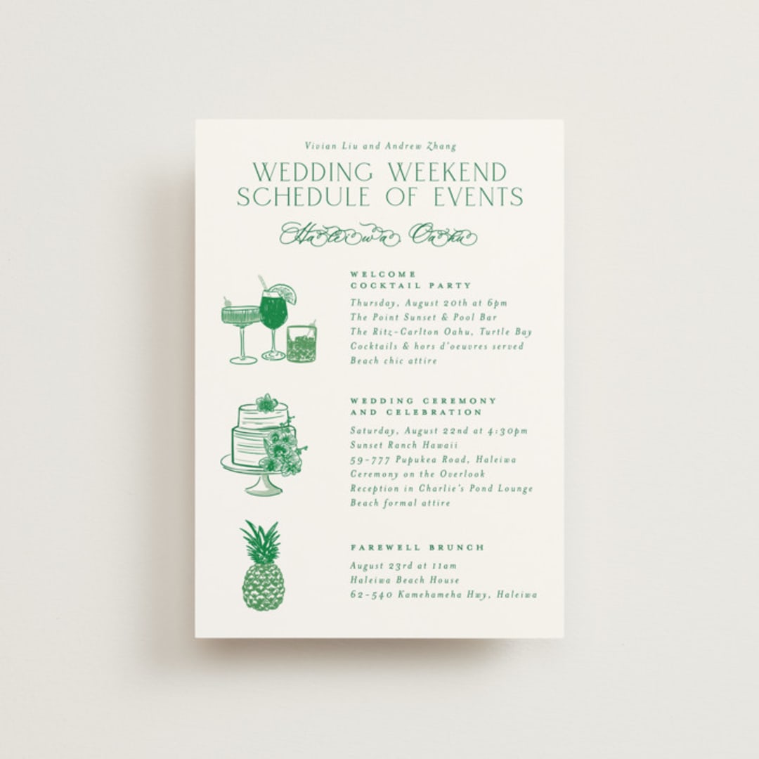 "Tropical Toile" - Wedding Weekend Itinerary Cards in Jade by Jenna Holcomb - Front