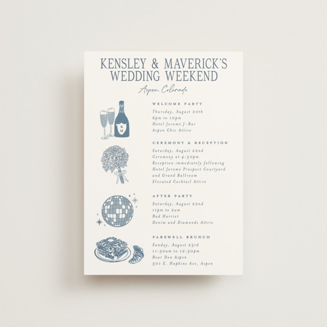 "Mountain Toile" - Wedding Weekend Itinerary Cards in Denim by Jenna Holcomb - Front