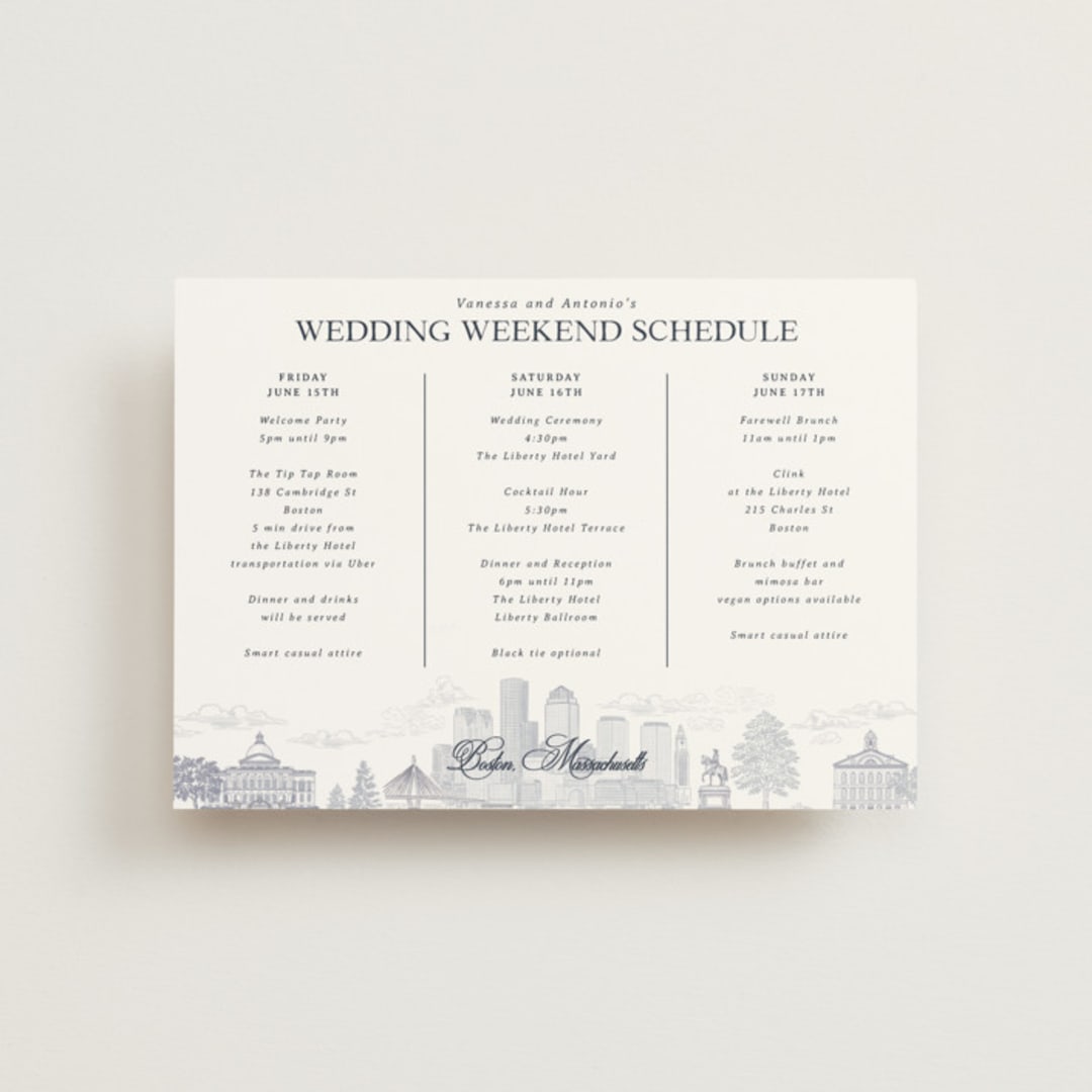 "Boston Toile" - Wedding Weekend Itinerary Cards in Marine by Jenna Holcomb - Front