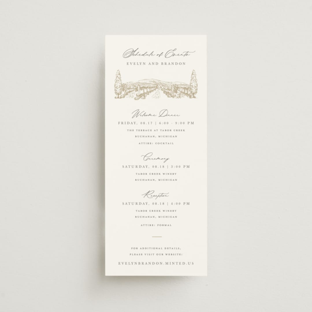 "Vineyard" - Wedding Weekend Itinerary Cards in Champagne by Sarah Brown - Front