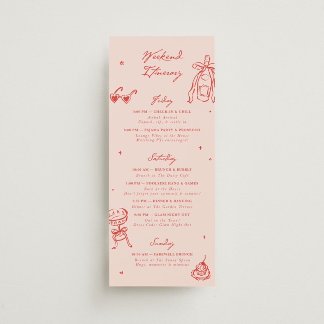 "Cheers to Love" - Wedding Weekend Itinerary Cards in Scarlet by Cass Loh - Front