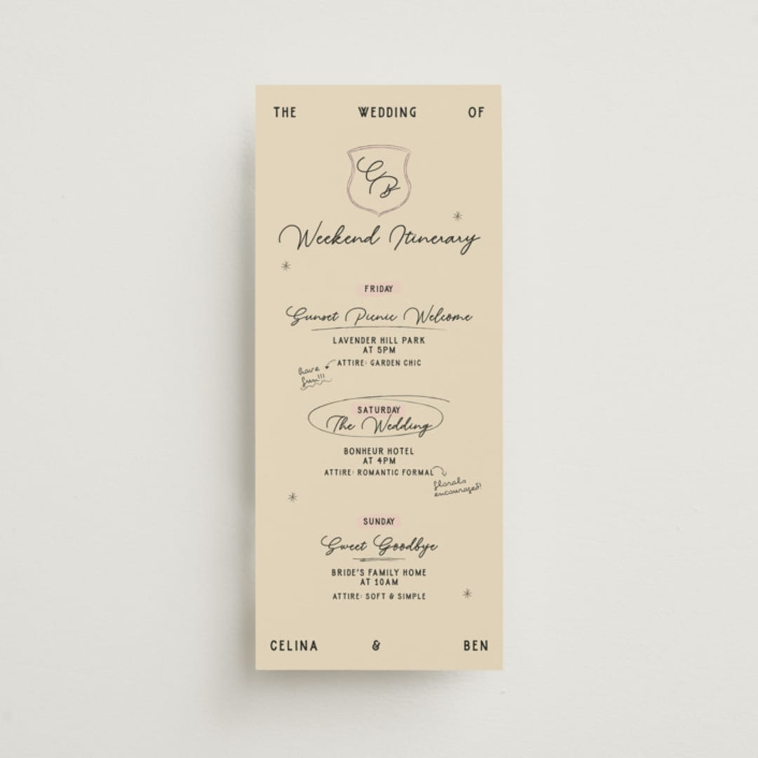 "Modern Fairy Tale" - Wedding Weekend Itinerary Cards in Rose by Helena Vitto - Front