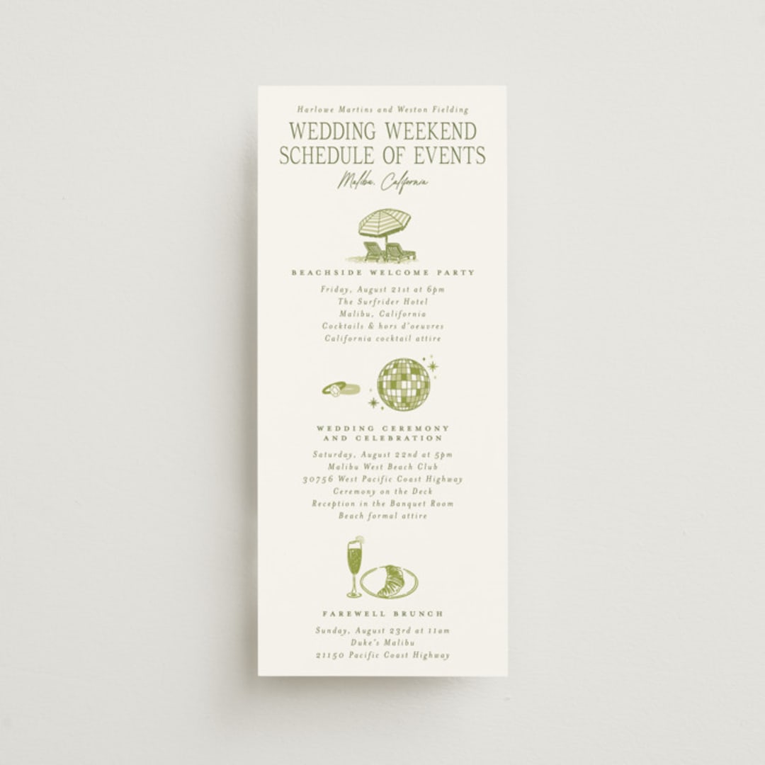 "West Coast Toile" - Wedding Weekend Itinerary Cards in Palm by Jenna Holcomb - Front
