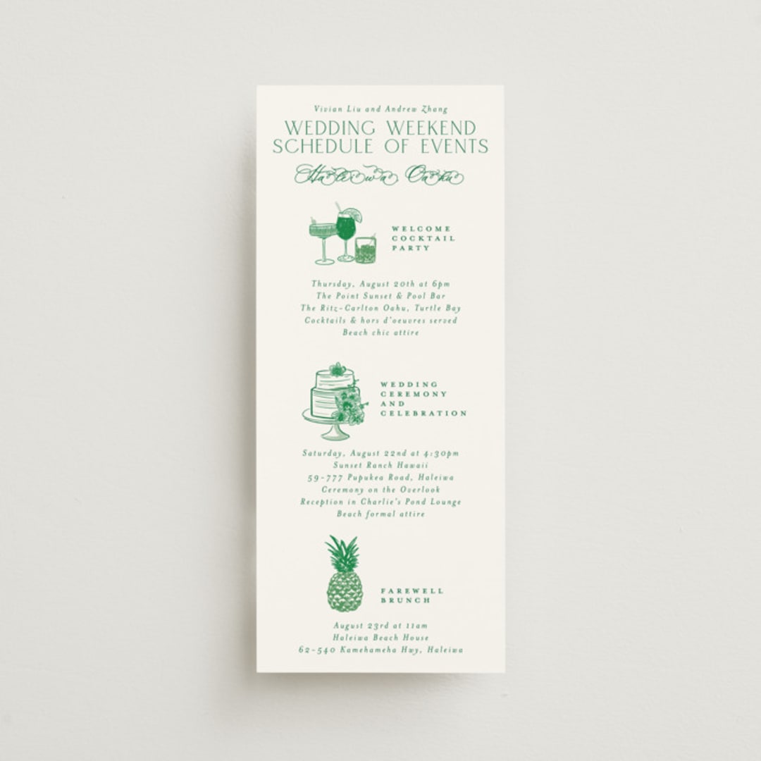 "Tropical Toile" - Wedding Weekend Itinerary Cards in Jade by Jenna Holcomb - Front