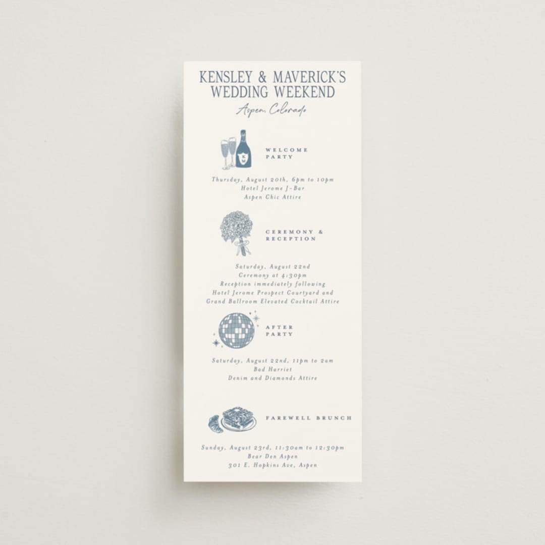 "Mountain Toile" - Wedding Weekend Itinerary Cards in Denim by Jenna Holcomb - Front