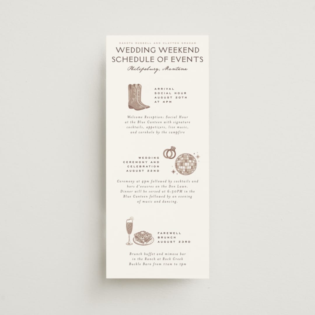"Mountain Ranch Toile" - Wedding Weekend Itinerary Cards in Leather by Jenna Holcomb - Front