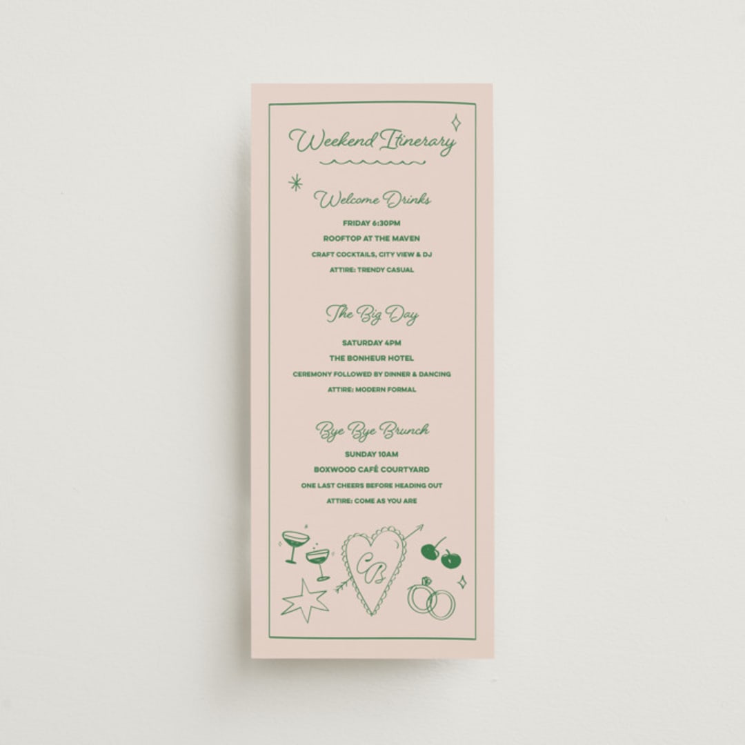 "Crazy Little Thing Called Love" - Wedding Weekend Itinerary Cards in Avocado by Helena Vitto - Front