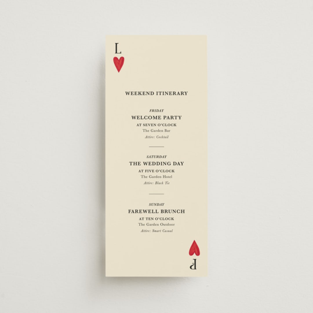 "Red Hearts" - Wedding Weekend Itinerary Cards in Champagne by Helena Vitto - Front