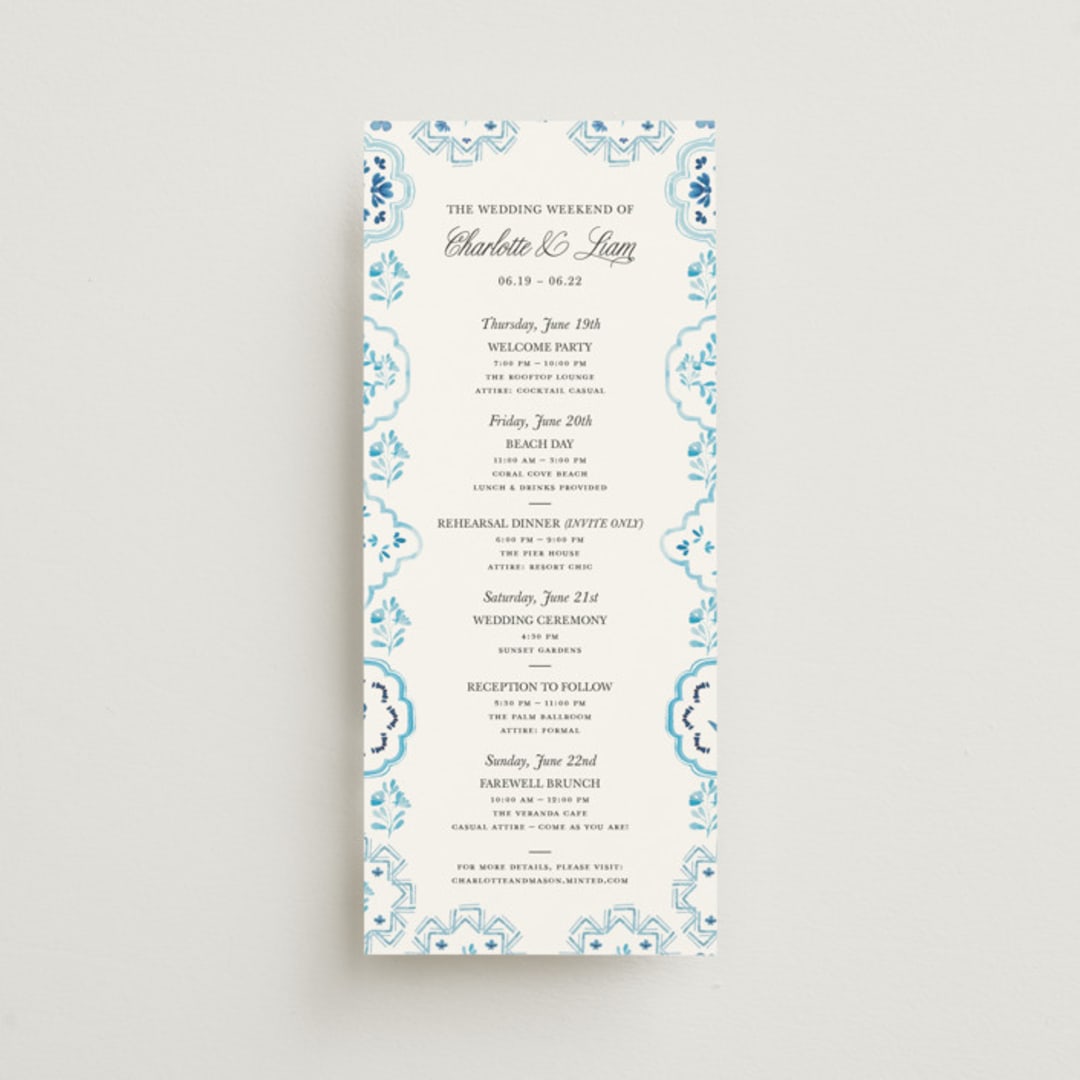 "Almafi" - Wedding Weekend Itinerary Cards in Cerulean by Itsy Belle Studio - Front