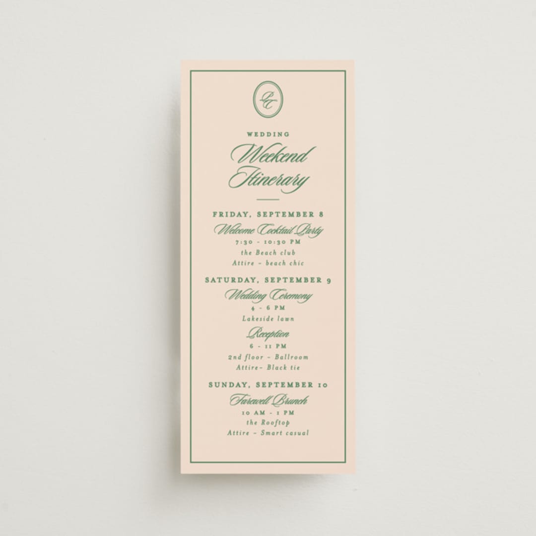 "Scripted" - Wedding Weekend Itinerary Cards in Emerald by Creo Study - Front