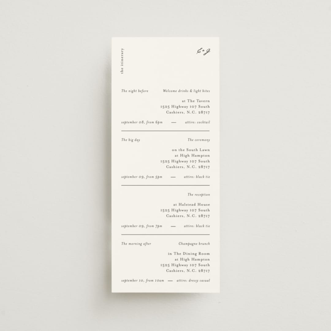 "Tuscany" - Wedding Weekend Itinerary Cards in Ink by Blustery August - Front