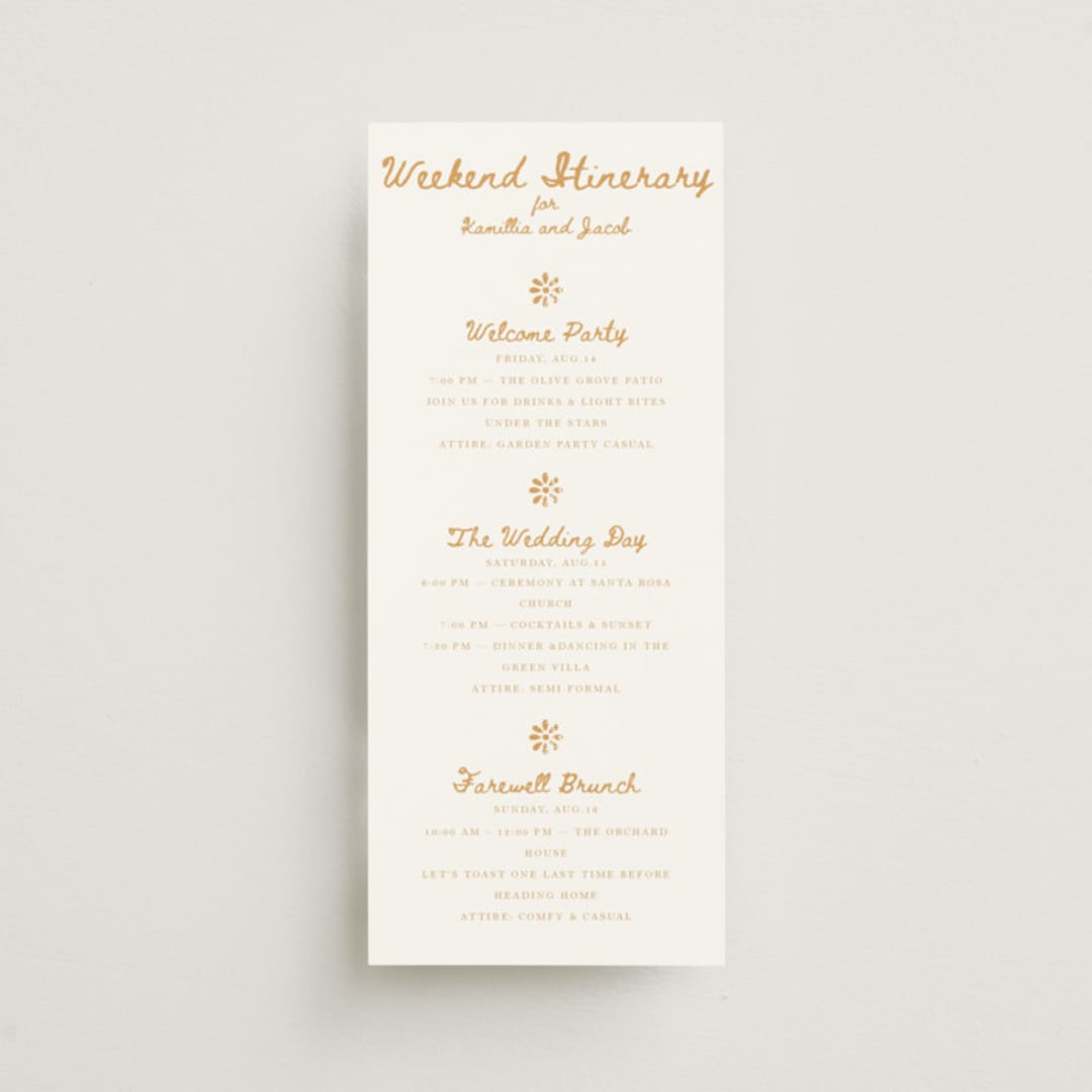 "Tribal Rythm" - Wedding Weekend Itinerary Cards in Amber by Selima Akhter - Front