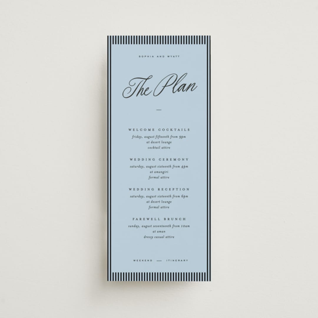 "Tarte Tatin" - Wedding Weekend Itinerary Cards in Sky by Blustery August - Front