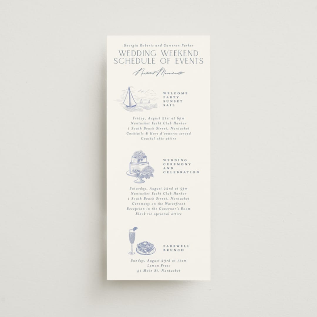 "Coastal Toile" - Wedding Weekend Itinerary Cards in Periwinkle by Jenna Holcomb - Front