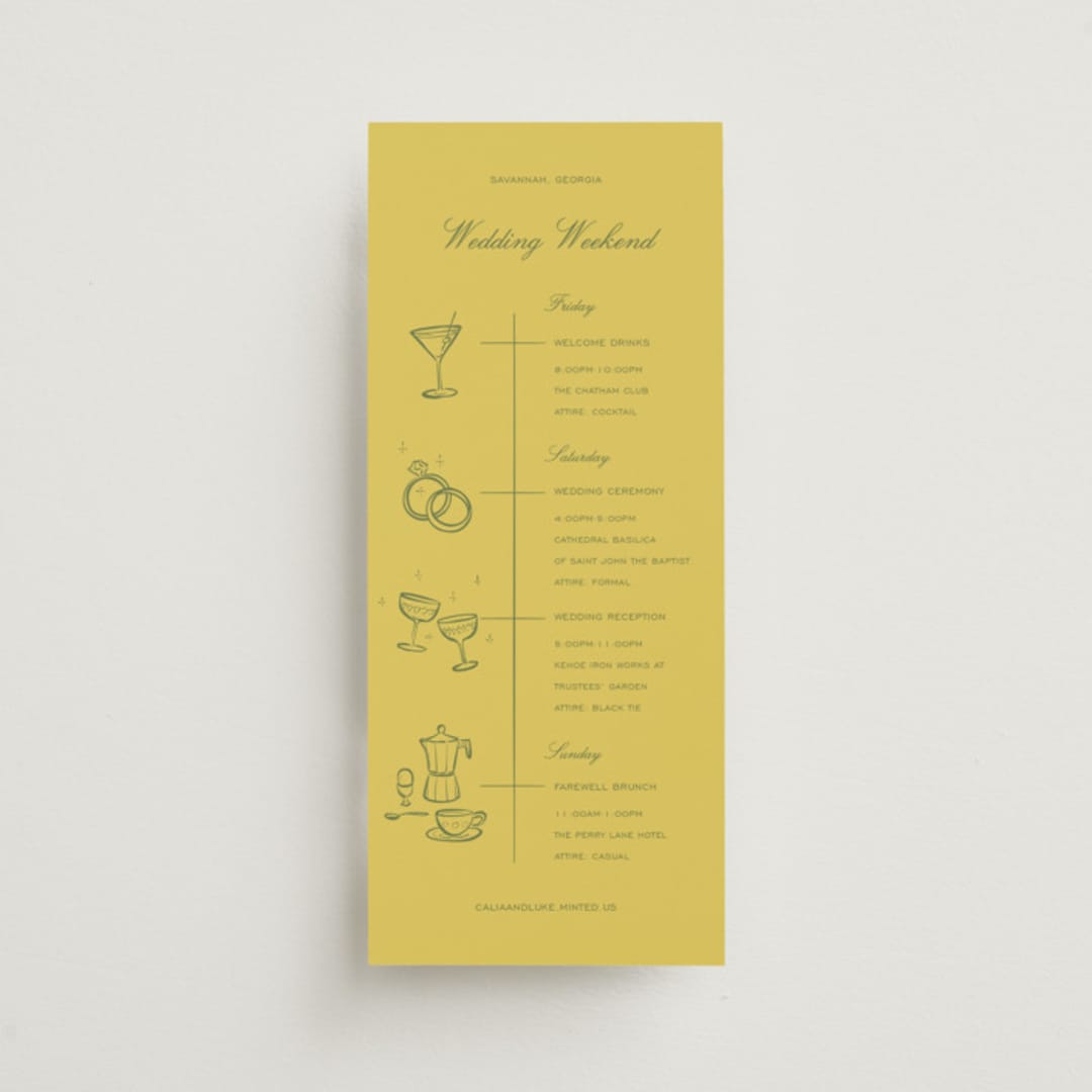 "Calia " - Wedding Weekend Itinerary Cards in Caribbean Citrus by Ani Somi - Front