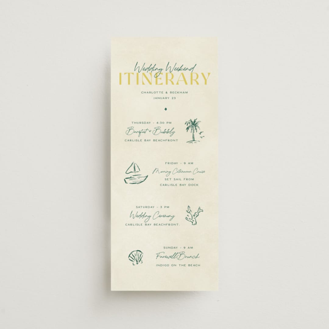 "Coastal Drift" - Wedding Weekend Itinerary Cards in Caribbean Citrus by Pixel and Hank - Front