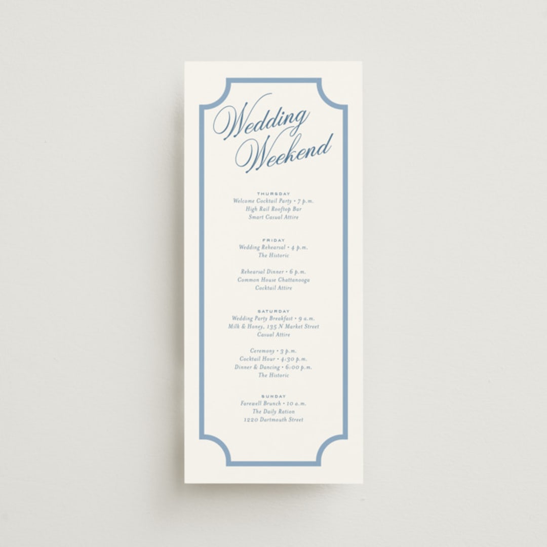 "Marenza" - Wedding Weekend Itinerary Cards in Bluebell by Jessica Williams - Front