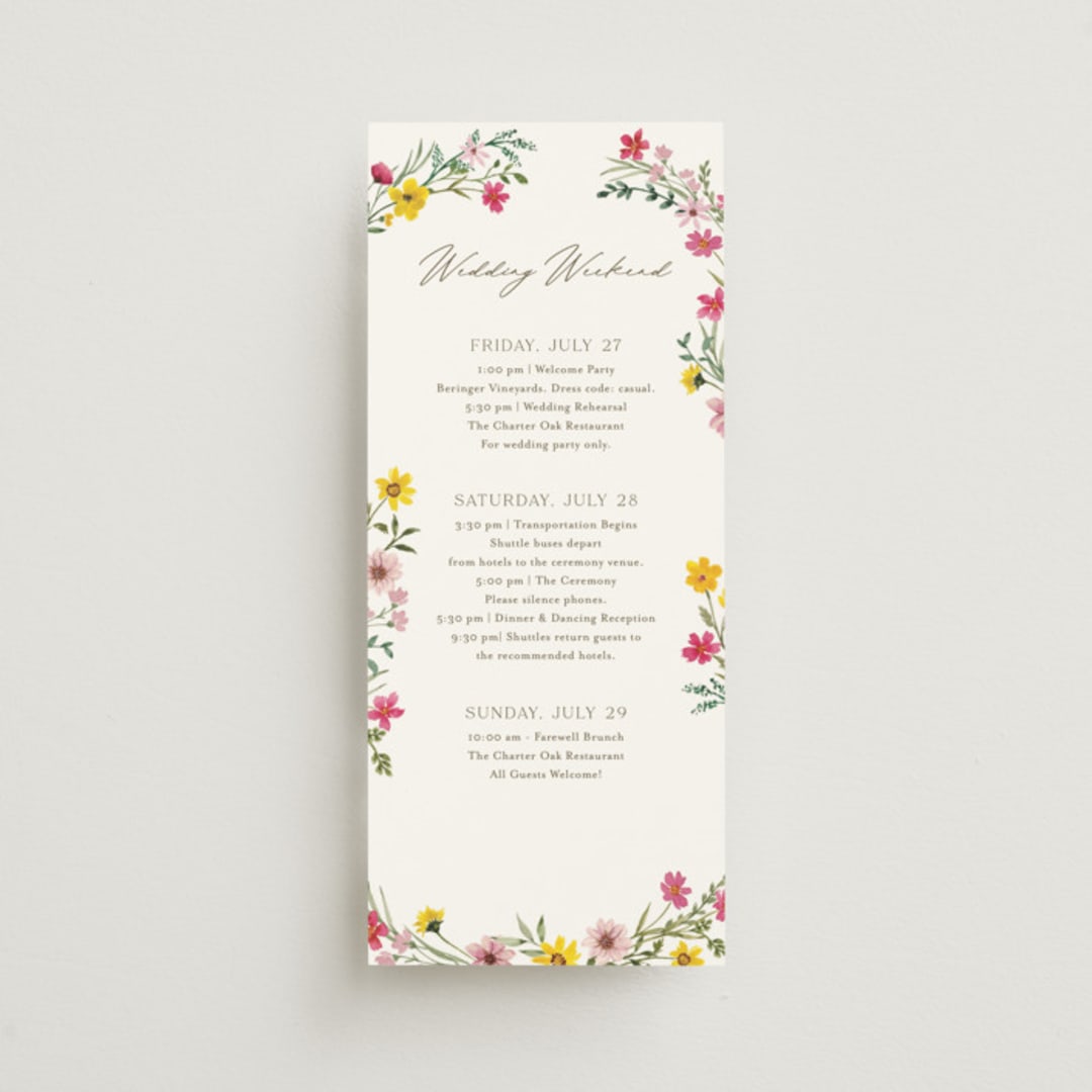 "Wildflower Wreath" - Wedding Weekend Itinerary Cards in Peony by Yaling Hou Suzuki - Front