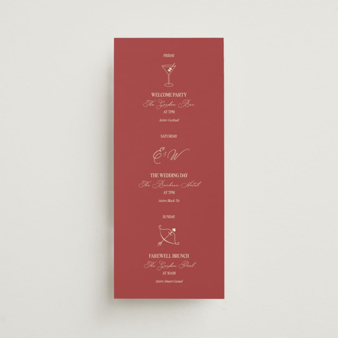 "Elizabeth" - Wedding Weekend Itinerary Cards in Burgundy by Helena Vitto - Front