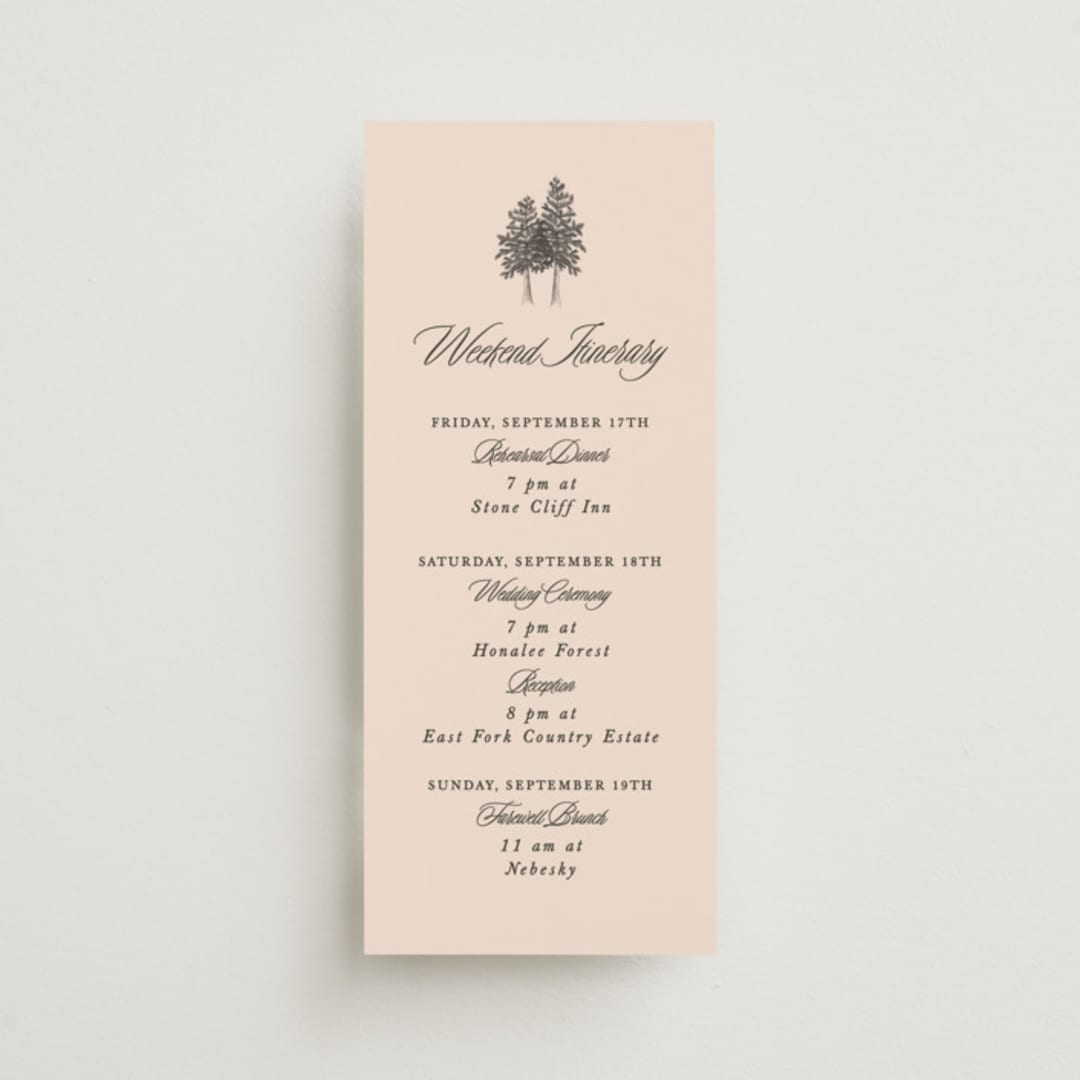 "Arboretum" - Wedding Weekend Itinerary Cards in Almond by Morgan Kendall - Front