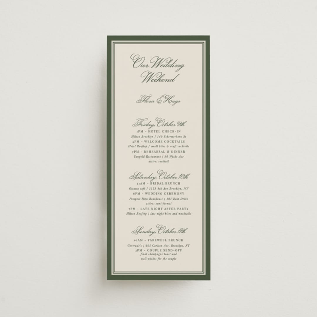 "Emerson" - Wedding Weekend Itinerary Cards in Evergreen by Kelly Watkins - Front