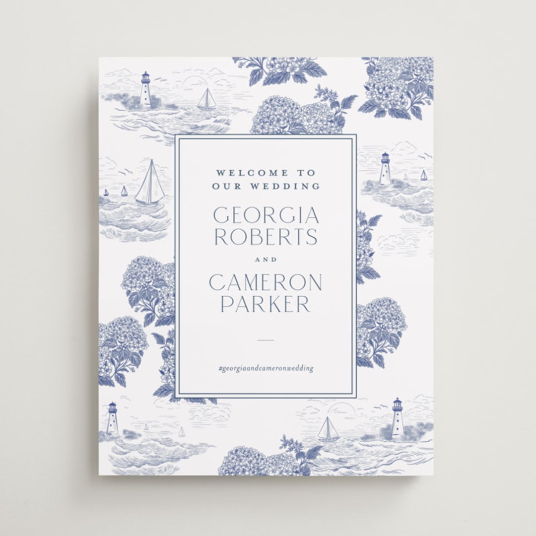 "Coastal Toile" - Welcome Signs in Periwinkle by Jenna Holcomb - Front