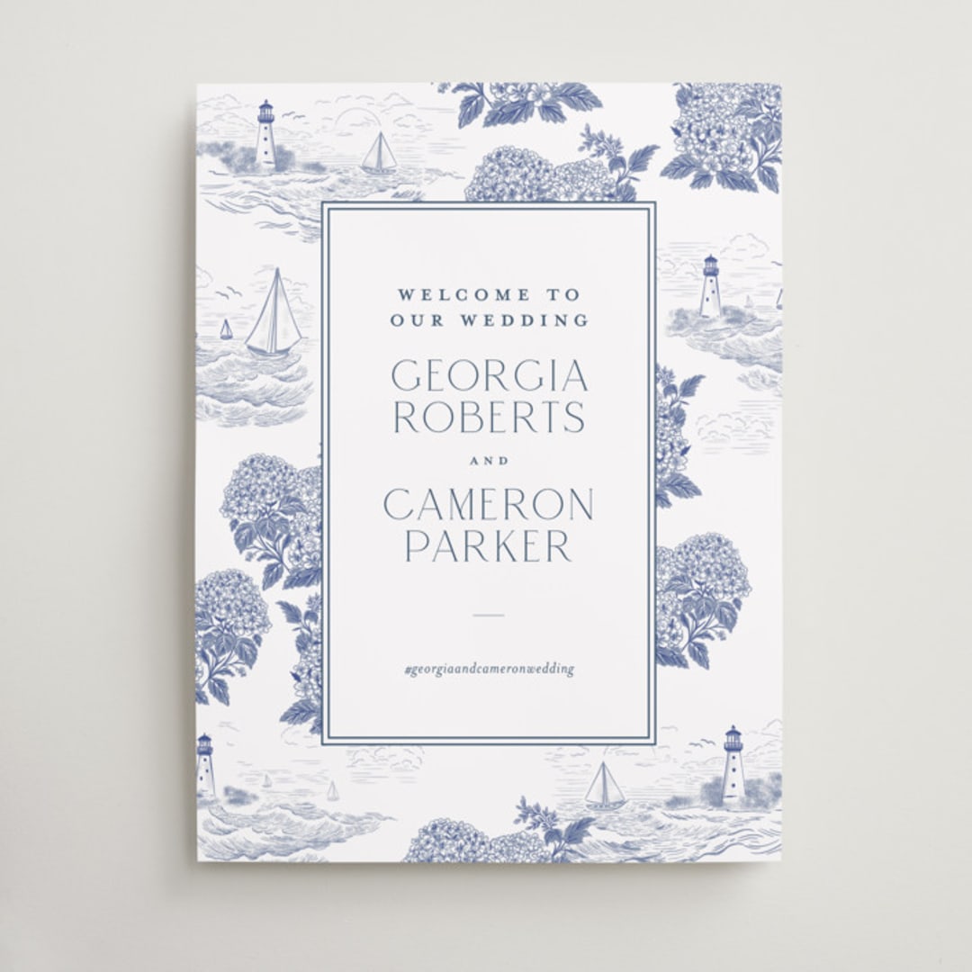 "Coastal Toile" - Welcome Signs in Periwinkle by Jenna Holcomb - Front