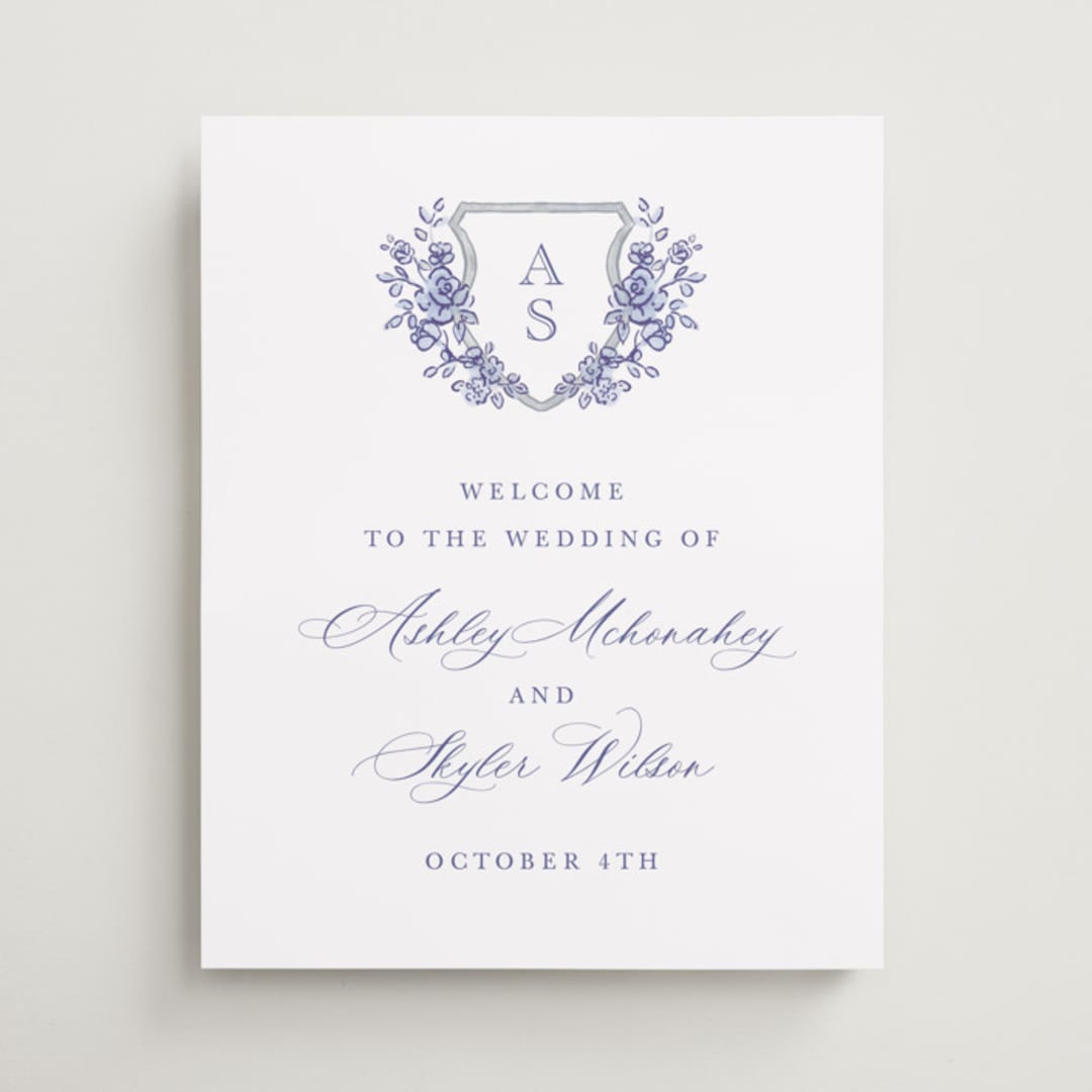 "watercolor flowers crest" - Welcome Signs in Dusty Blue by Cass Loh - Front