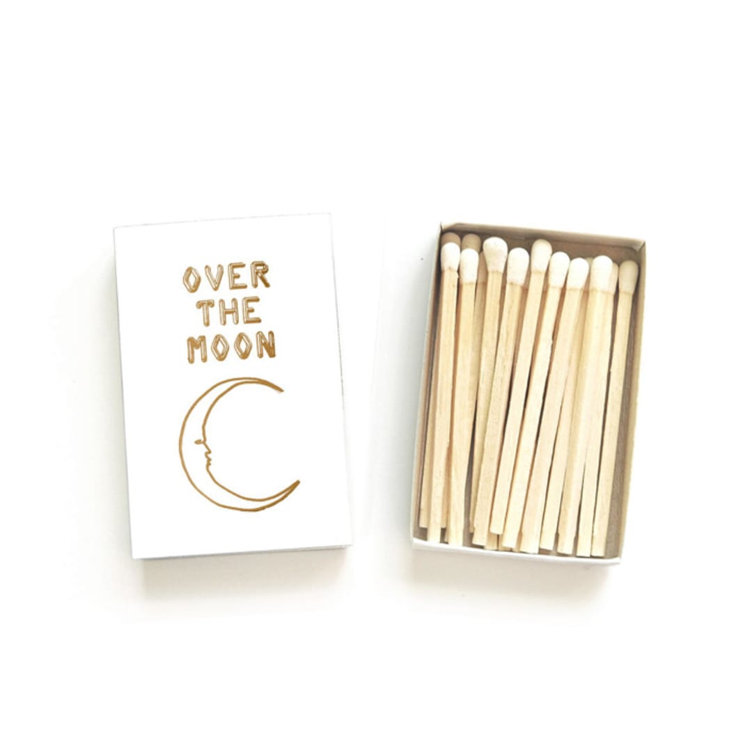 "Over the Moon Matchbox, Gold on White" - Matchbooks and Matches in white by Jessica Cunningham